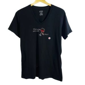 Port And Company Black V-Neck Embellished Dog & Wine Lover T-Shirt, Size Medium